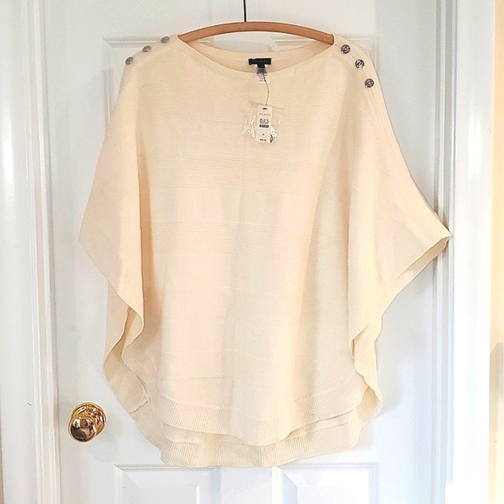 Talbots Womens Tight Knit Poncho Ivory Cape Sweater Nautical Open Sides Size S